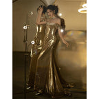 Women's Gold Off shoulder Bridal Fishtail Dress
