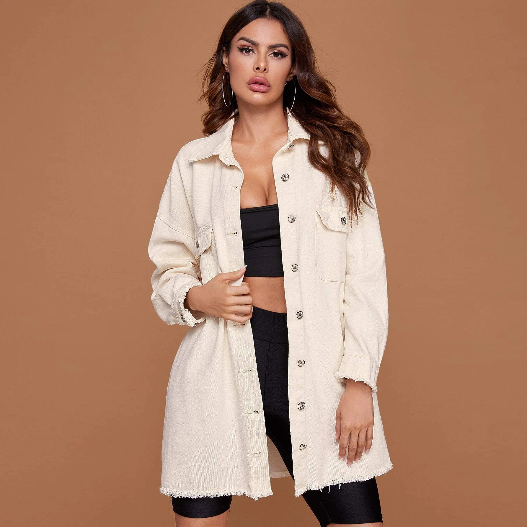 Long Sleeve Denim Mid-length Shirt Jacket