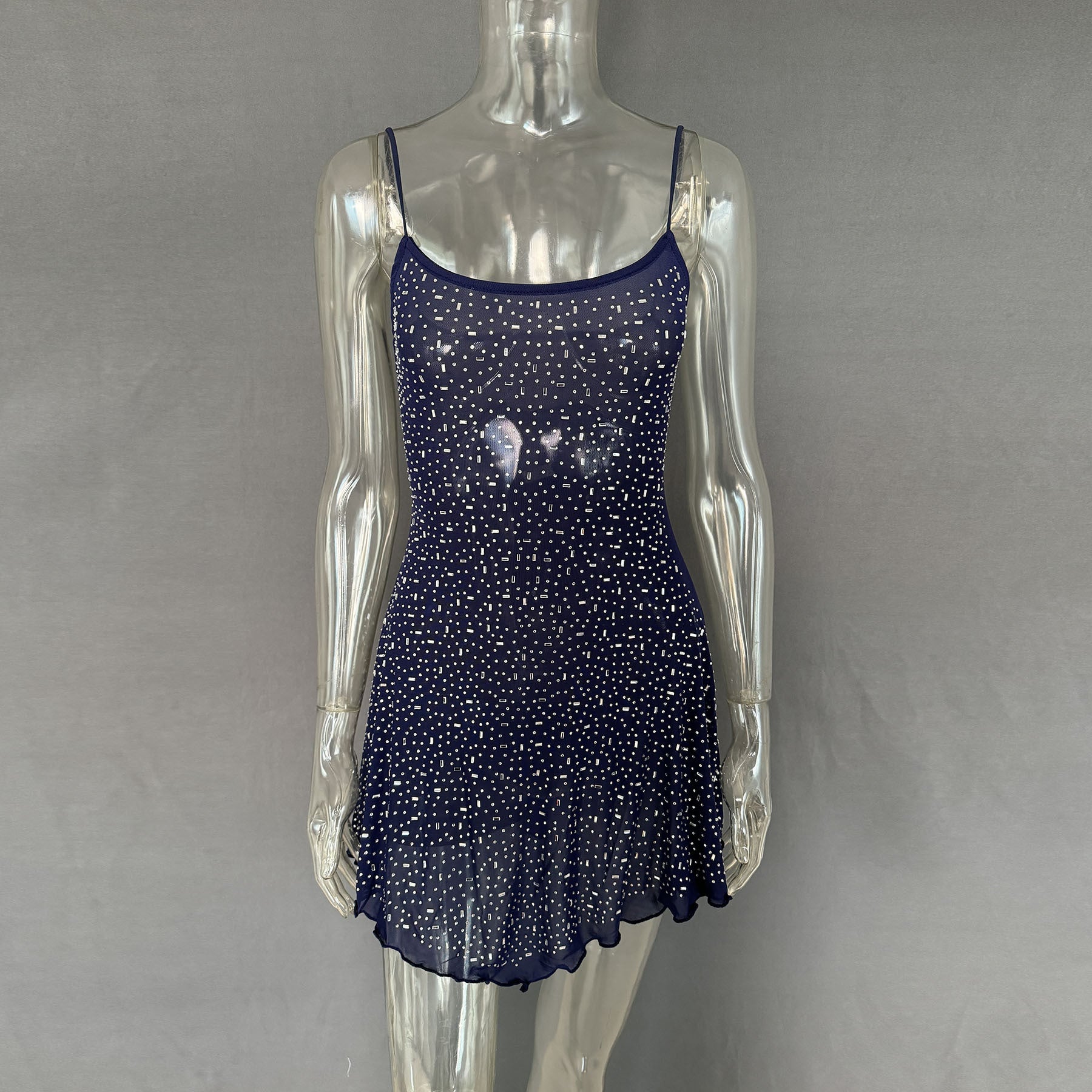 Trendy Rhinestone Sheer Party Dress - Women's Sexy Mini