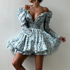 Printed Lace-up Square Collar Long Sleeve Elastic Waist Tulle Tutu Dress