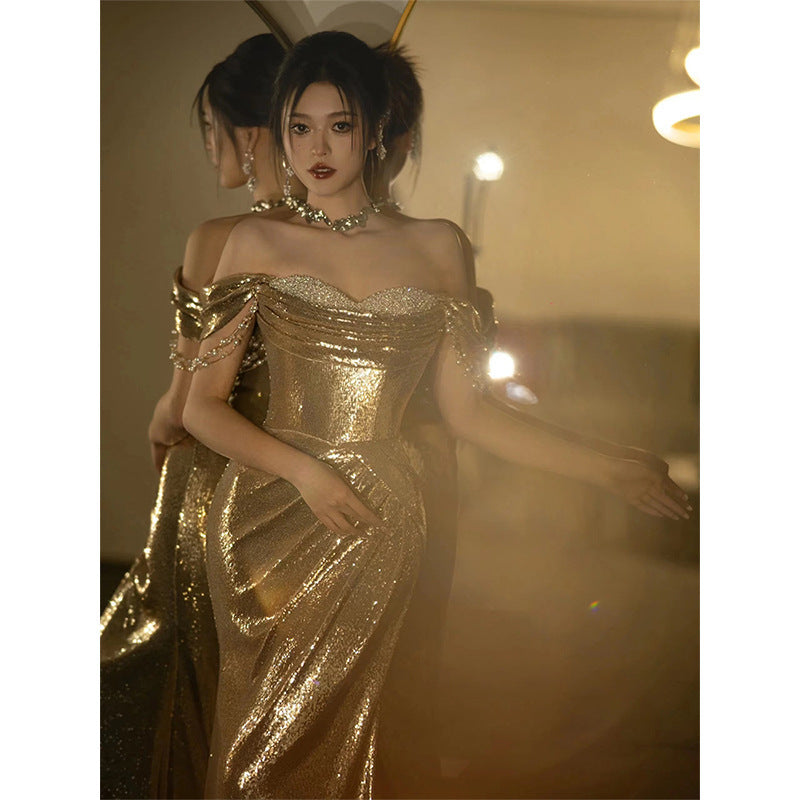 Women's Gold Off shoulder Bridal Fishtail Dress