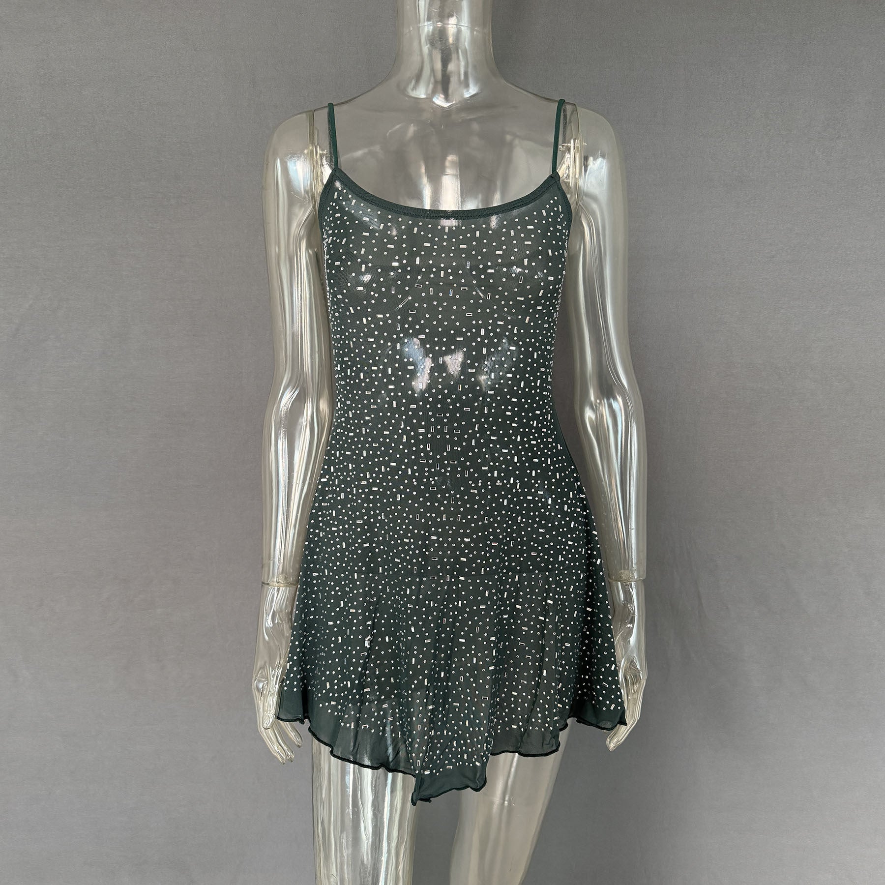 Trendy Rhinestone Sheer Party Dress - Women's Sexy Mini