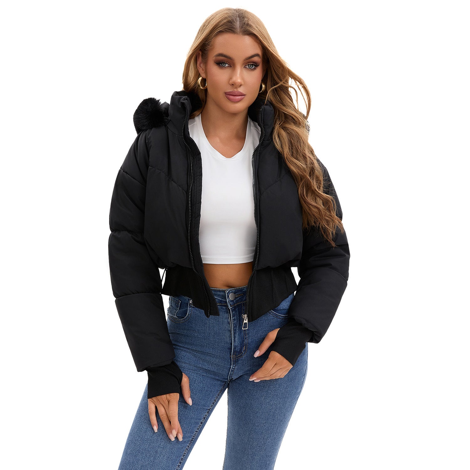 Women's Hooded Large Fur Collar Short Cotton Jacket