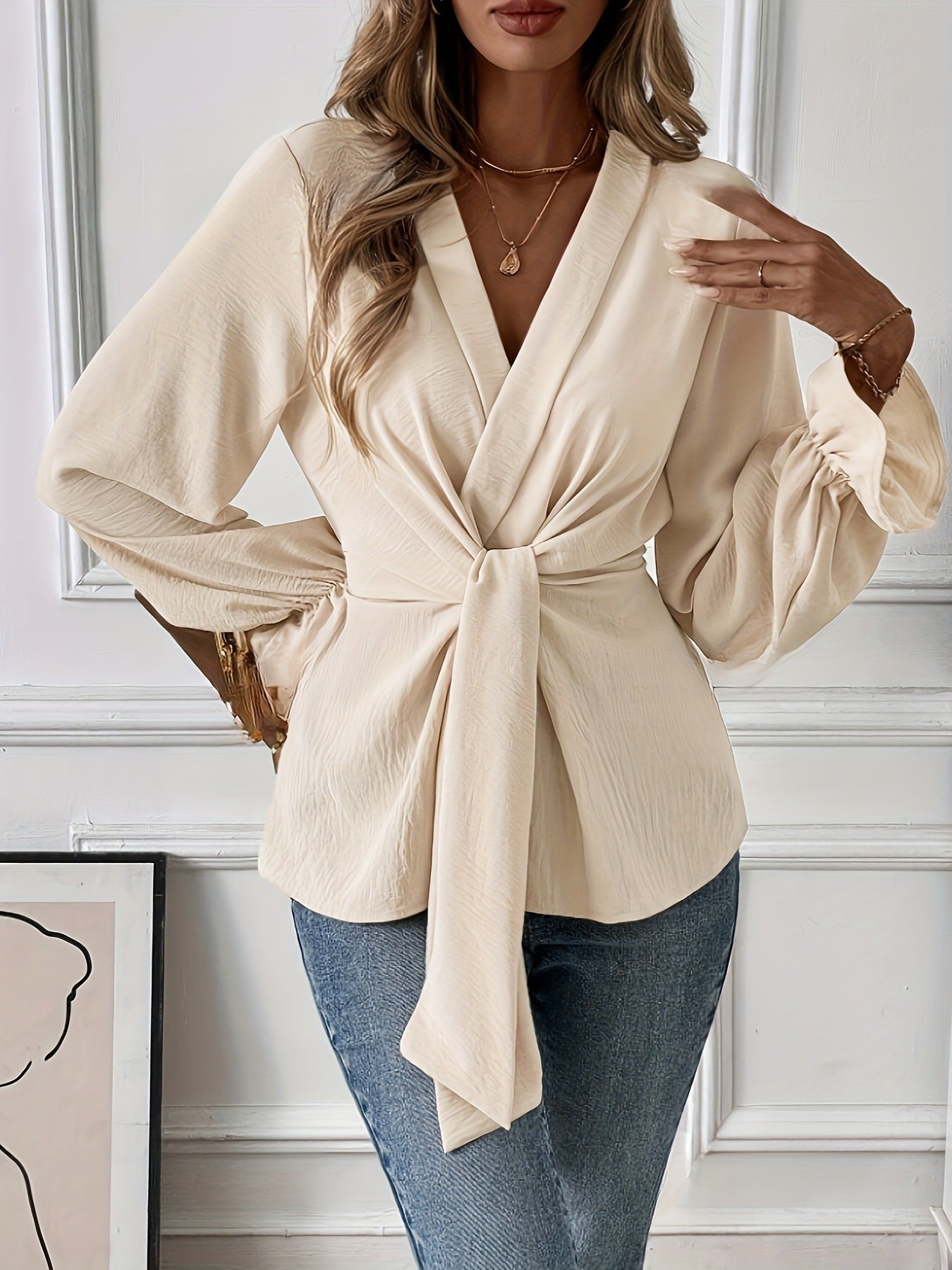 Women's Solid Color Elegant V-neck Long Sleeve Shirt Top